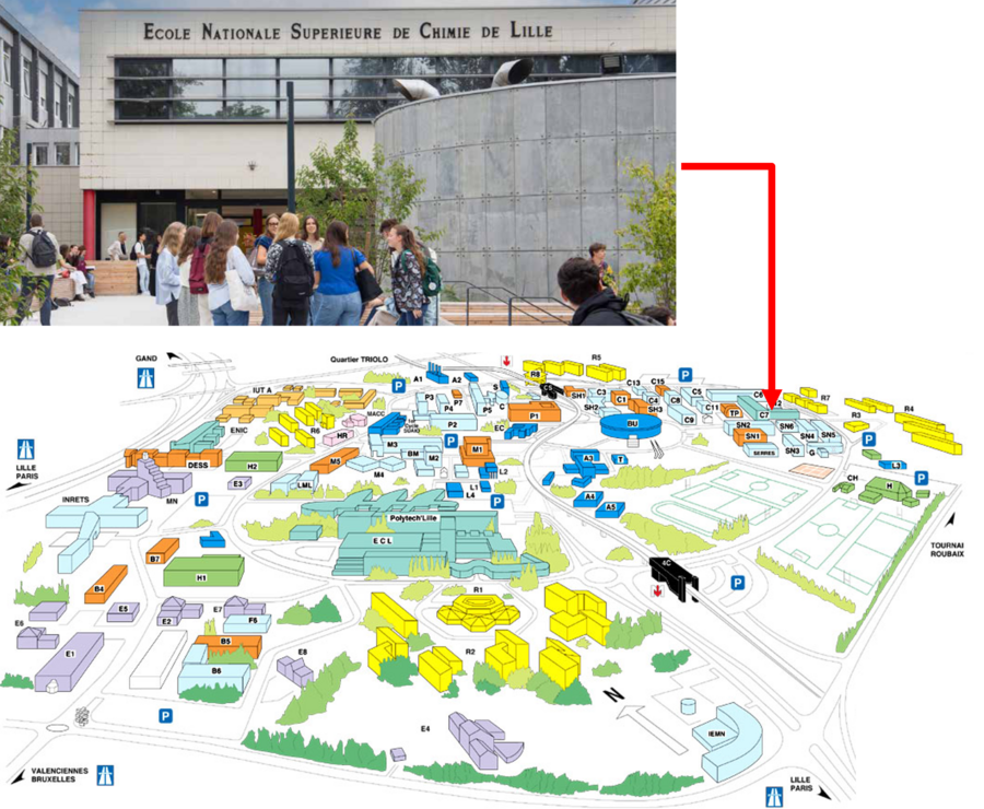 plan de la cité scientifique montrant l'emplacement de l'Ecole Nationale Supérieure de Chimie de Lille ainsi que la façade du bâtiment